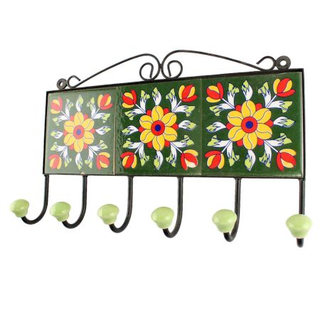 Forest Green Flower Ceramic Tile Hook